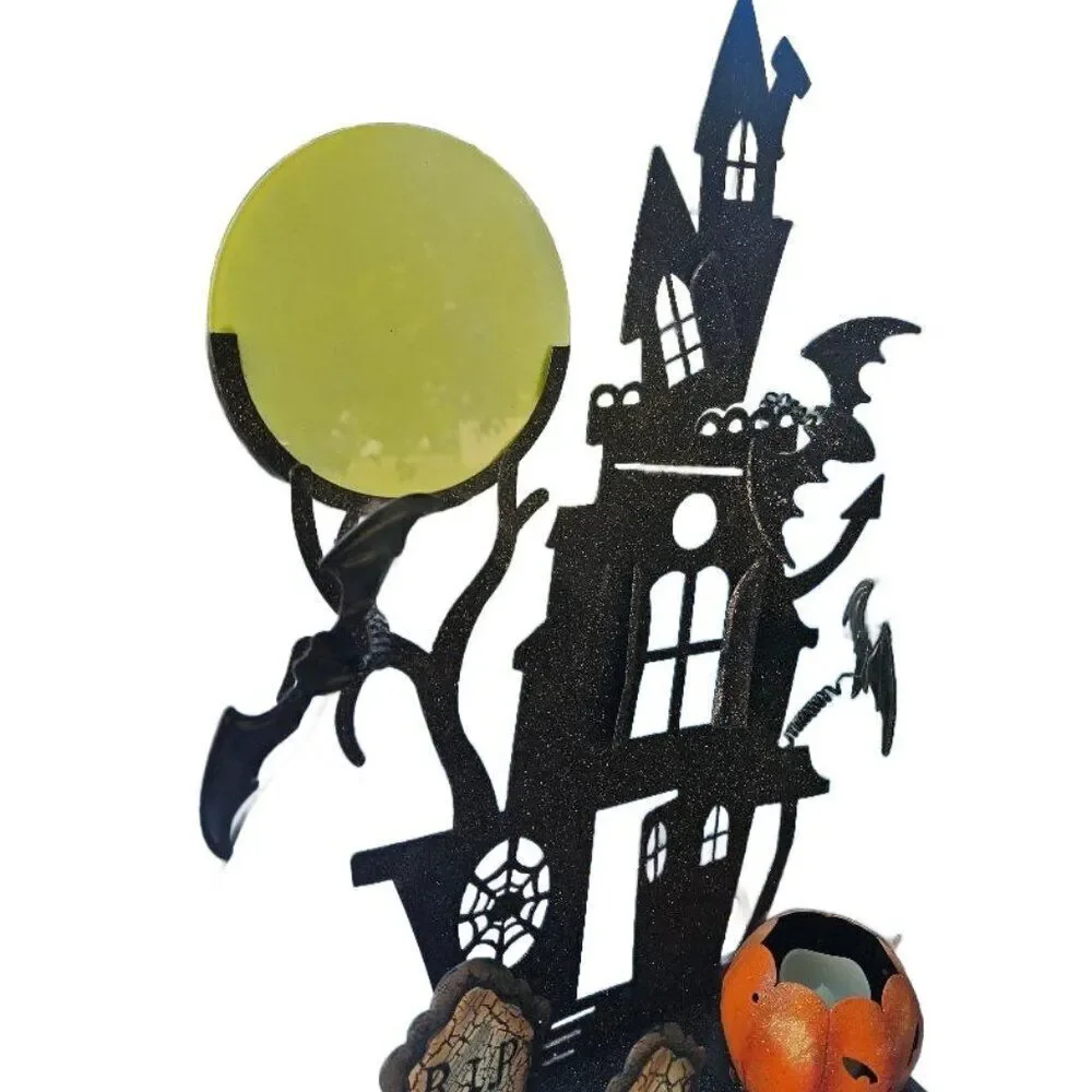 Metal 3D Glittered Halloween Haunted Mansion Scene with Pumpkin Tealight Holder
